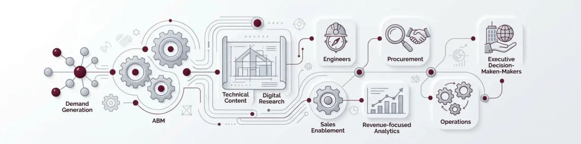 Industrial B2B marketing growth system combining demand generation, ABM, technical content, sales enablement and revenue analytics-Jeff Javierto