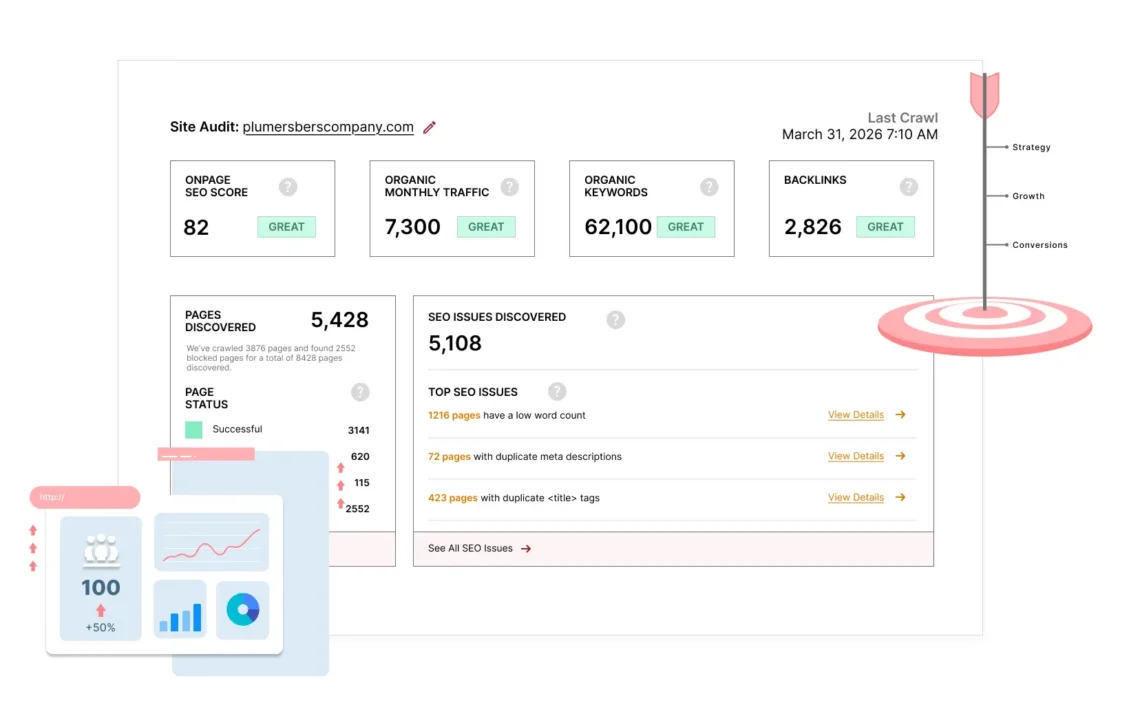 Search engine optimisation packages performance data with backlinks, keyword growth, and traffic increase